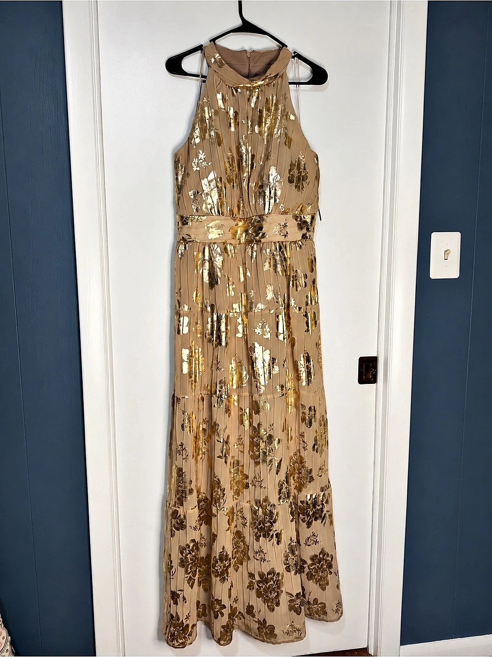 R&M Richards Long Pleated Metallic Jacquard Dress with a Tiered Skirt Floral